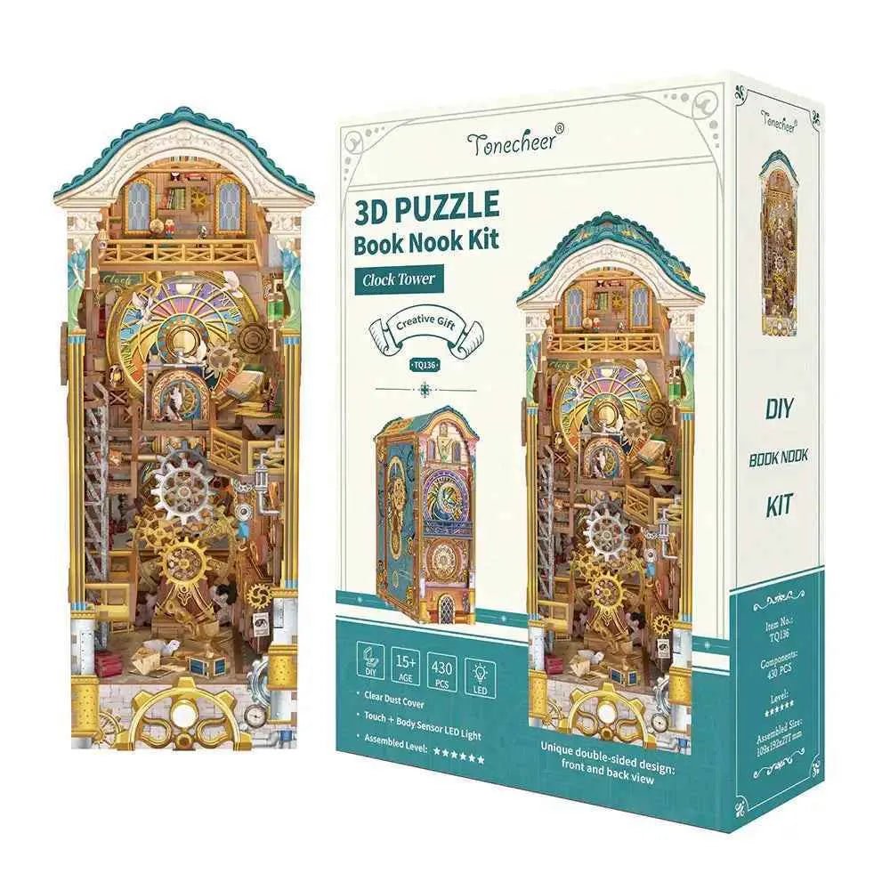 TONECHEER3DWoodenPuzzleDIYBookNookKit_ClockTower5.jpg Tonecheer Clock Tower Book Nook Kiti - Görsel 1