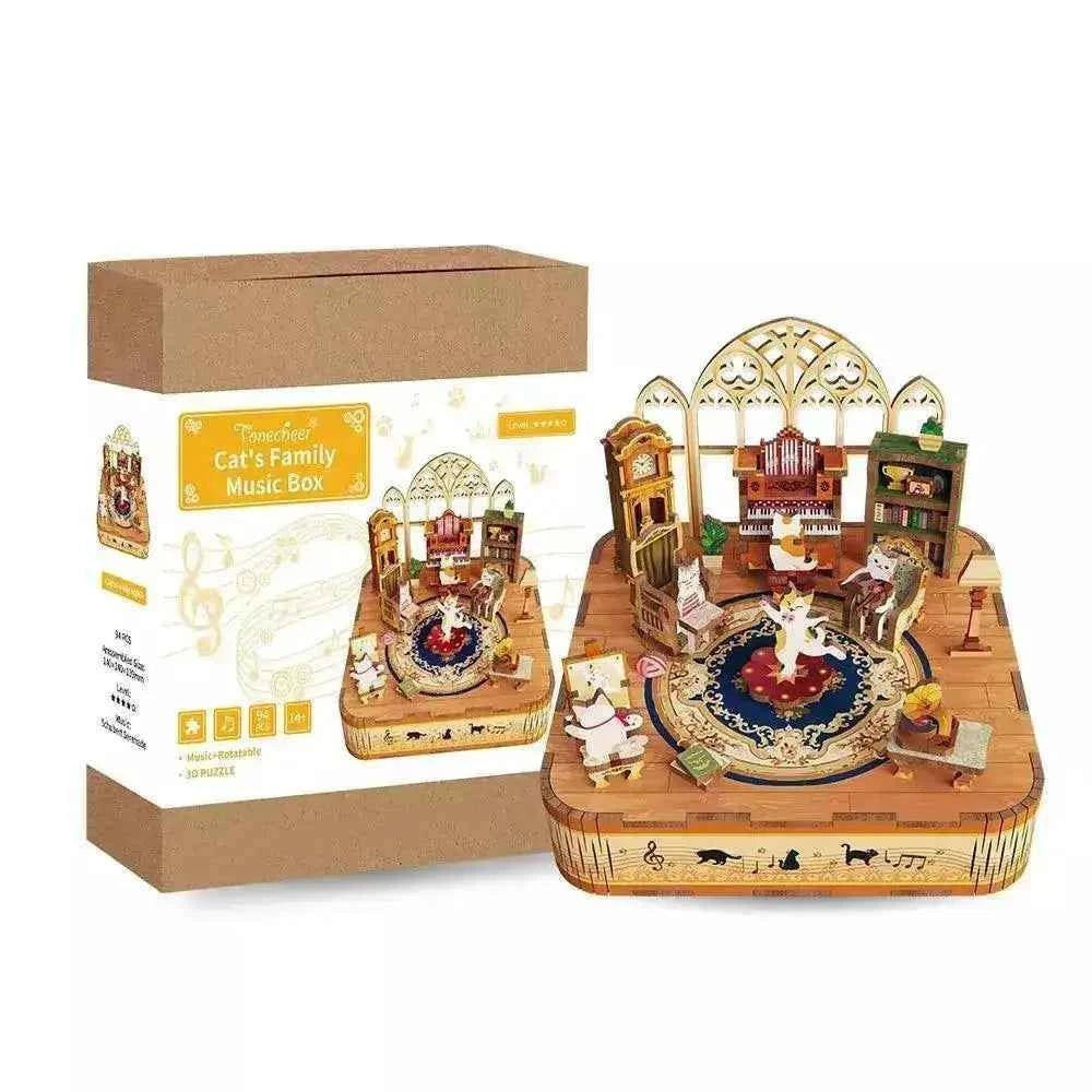 TONECHEER_3D_Creative_Musical_Puzzle_DIY_Rotating_Music_Box_Kit_Cat_s_family.jpg Tonecheer Cat's family Müzik Kutusu Kiti - Görsel 1